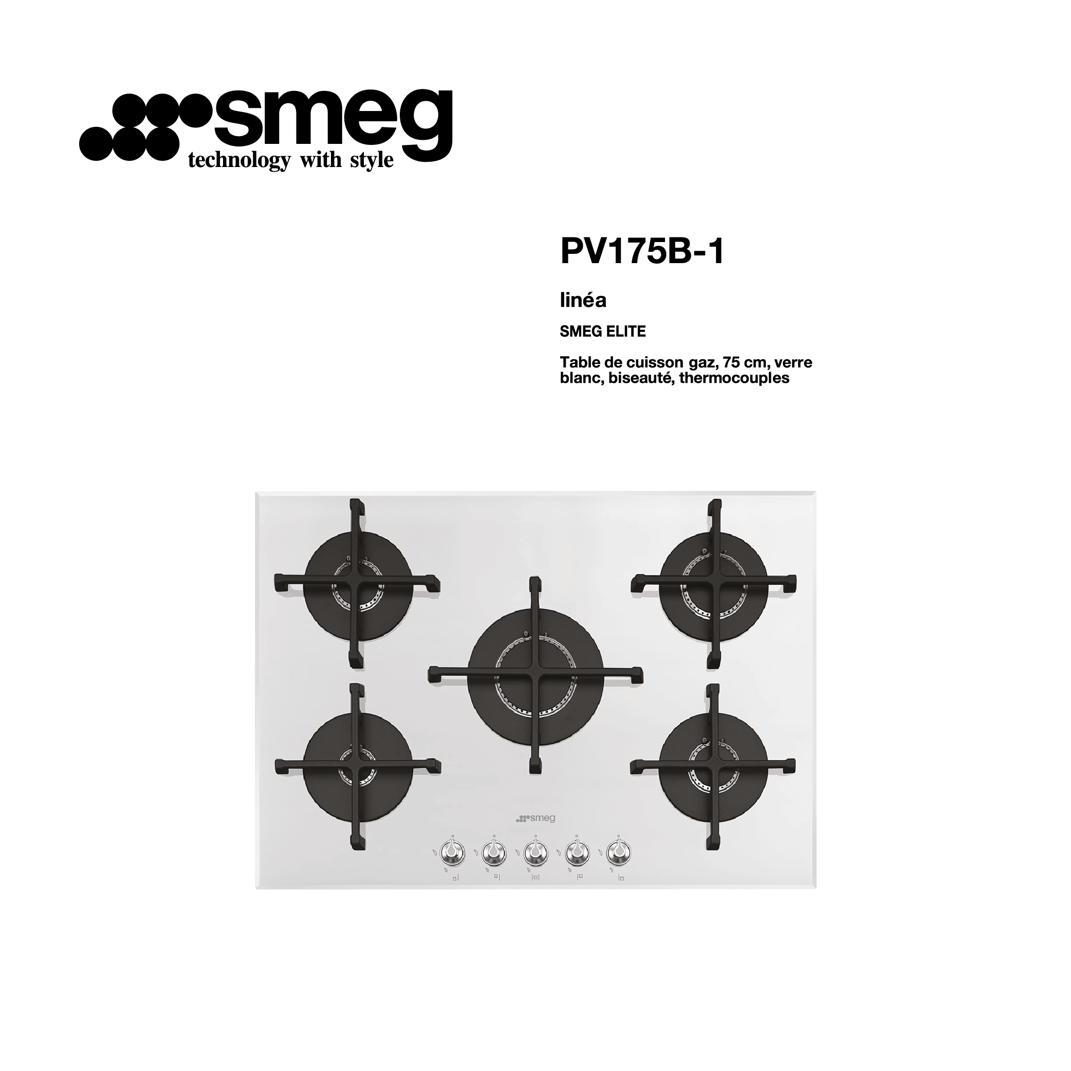 Plaque de cuisson gaz 75cm 5 feux PV175B - Smeg